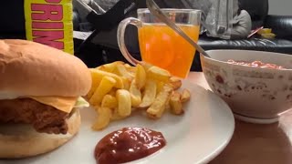 HOMEMADE CHICKEN BURGER MEAL WITH BEANS AND CHILLI SAUCE AND ORANGE MIRINDA! MUKBANG!