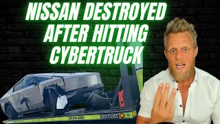 Nissan is destroyed after running a red light & smashing into a Tesla Cybertruck