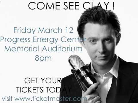 Multi-Platinum Recording Artist Clay Aiken will be performing one night only in Raleigh, NC on Friday March 12, 2010 for the taping of his PBS Special. The special will showcase songs from Clay's forthcoming album "Clay Aiken: Tried and True". Ticket pre-sales run through Thursday evening. Tickets go onsale to the general public Friday at 12pm. Don't miss this once in a lifetime opportunity! Get your tickets today! www.ticketmaster.com No copyright infringement intended.