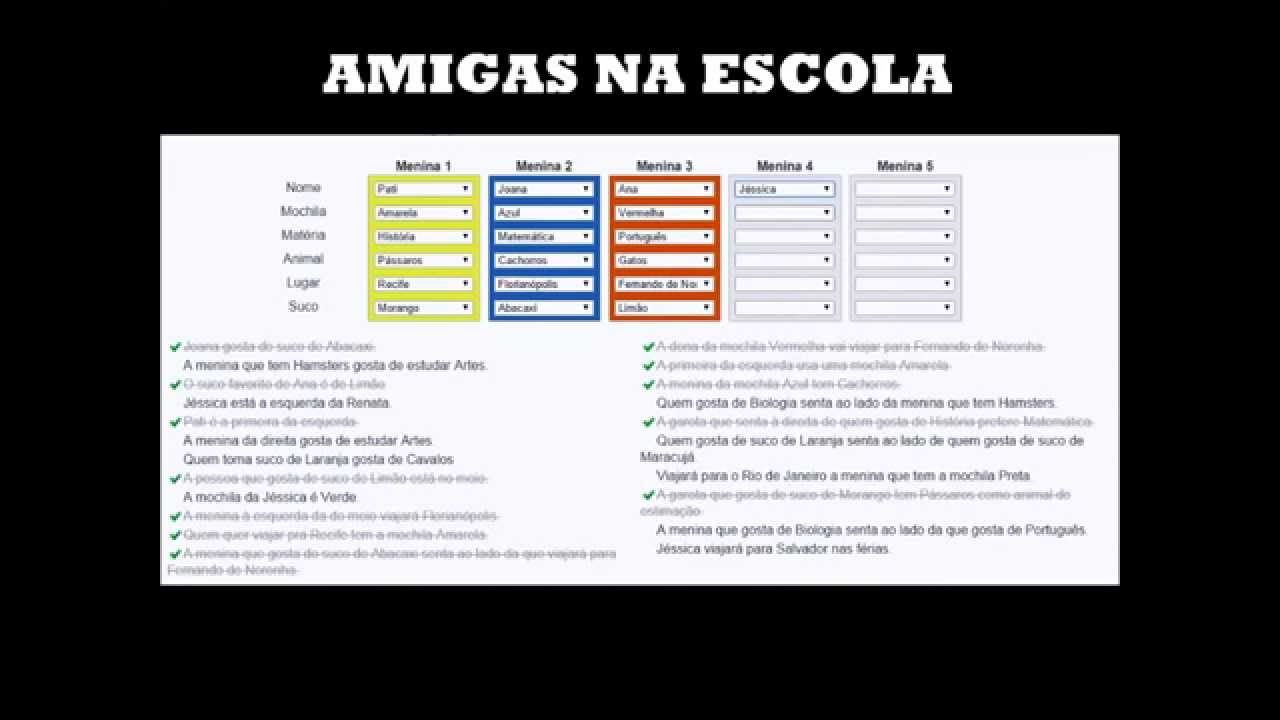 Resposta do Teste de Einstein: Resposta do Problema Amigas na Escola 2 -  Problema de Lógica Temático Normal