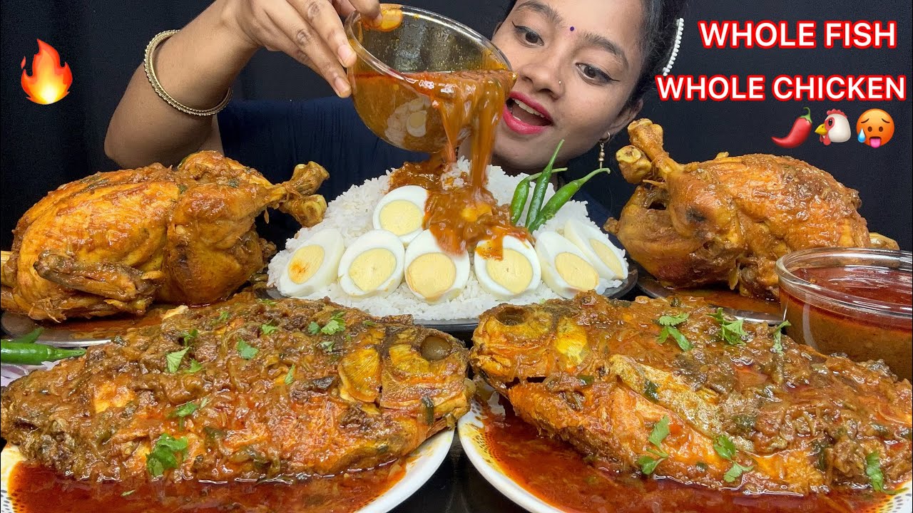 2 BIG WHOLE FISH CURRY🔥2 BIG WHOLE CHICKEN CURRY, BOILED EGG WITH RICE EATING 🤤 BIG BITES EATING 😋🌶️