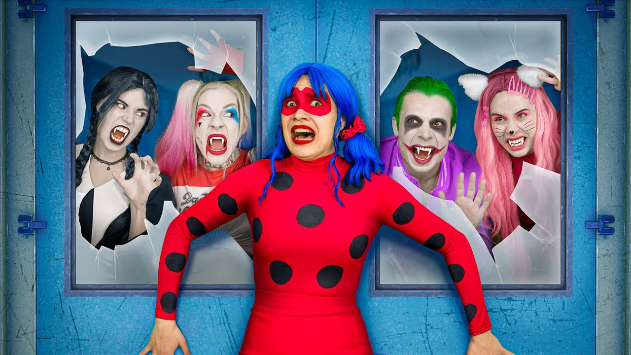 Vampierapocalyps op de Superhelden Middelbare School / Harley Quinn vs Hello Kitty vs LadyBug