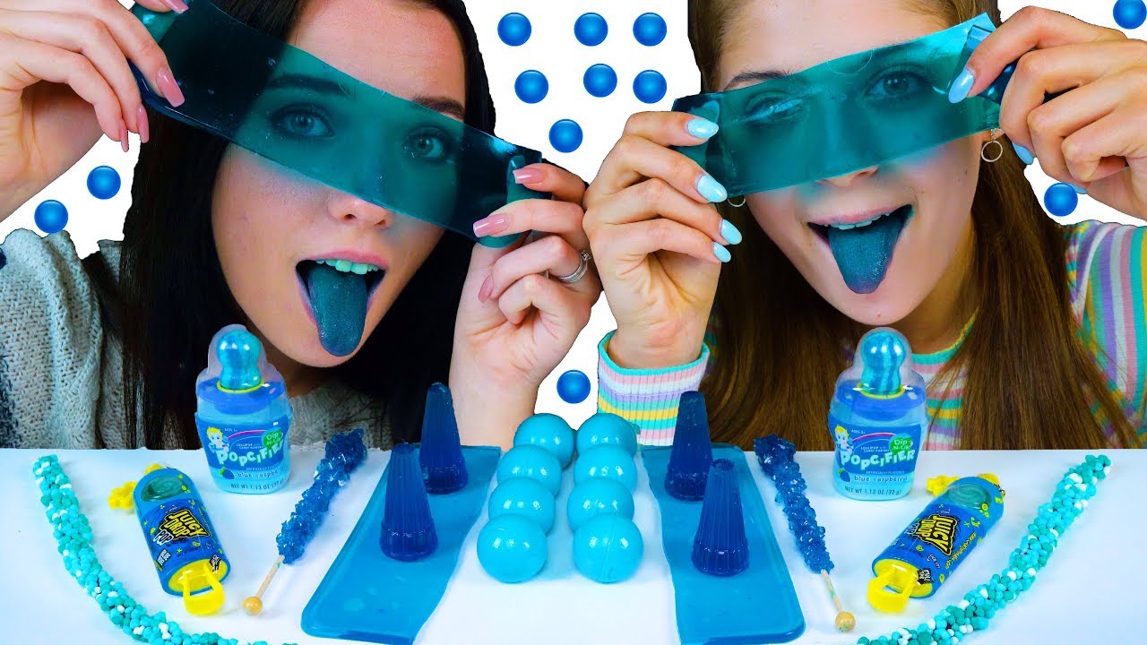 ASMR BLUE FOOD CLEAR SHEET JELLY NERDS ROPE GUMMY PLANET ROCK CANDY MUKBANG 