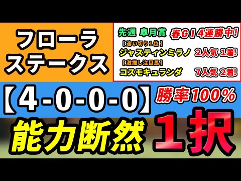 フローラステークス 2024【激推し注目馬⇒勝率100％(4-0-0-0)】能力断然のアノ馬１択！先週皐月賞⇒追切1位ジャスティンミラノ、激推し注目馬コスモキュランダのワンツー決着！