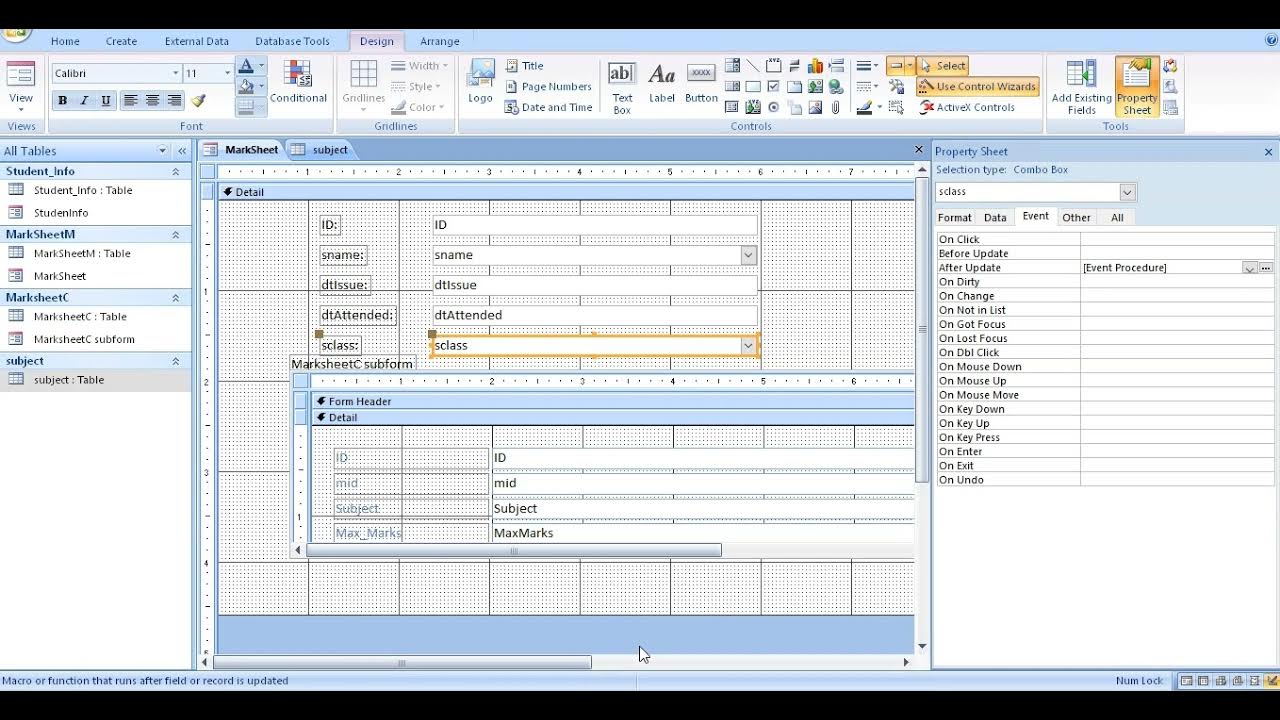 How to use Vba code to requery combo box of subject in marks sheet form