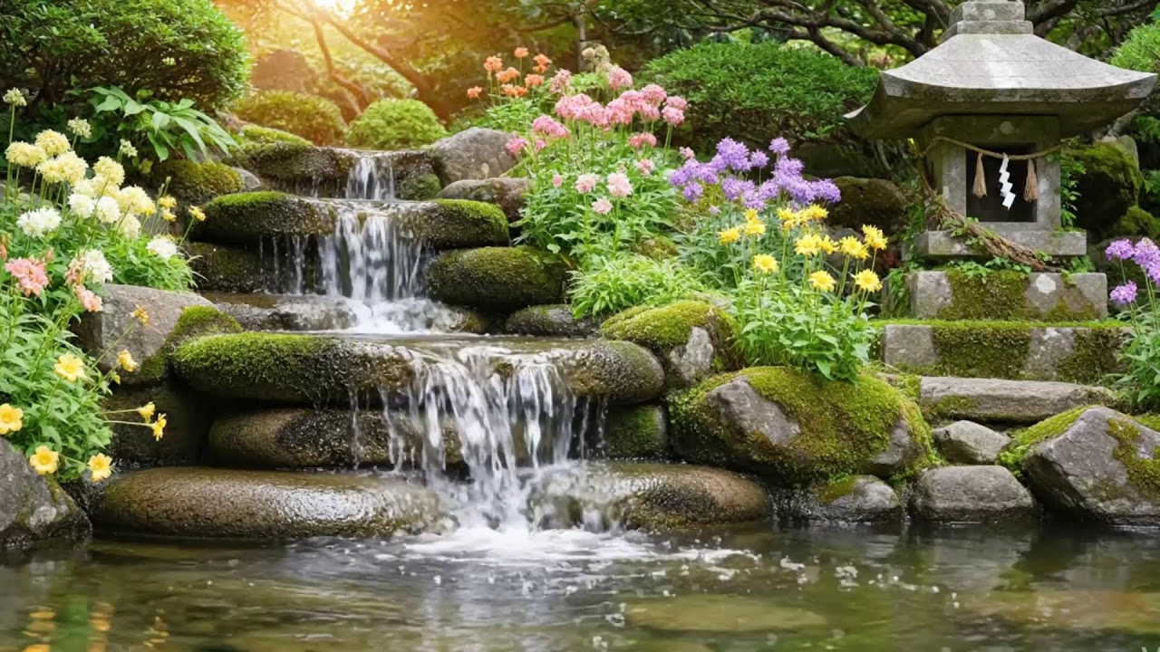 🌸💧🎹 Tranquil Garden Waterfall Sounds with Soft Piano Music 😌