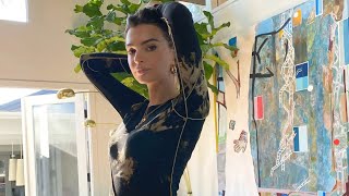 Emily Ratajkowski's living room featuring paintings by Marisa Takal (exhibition with sculptures too)