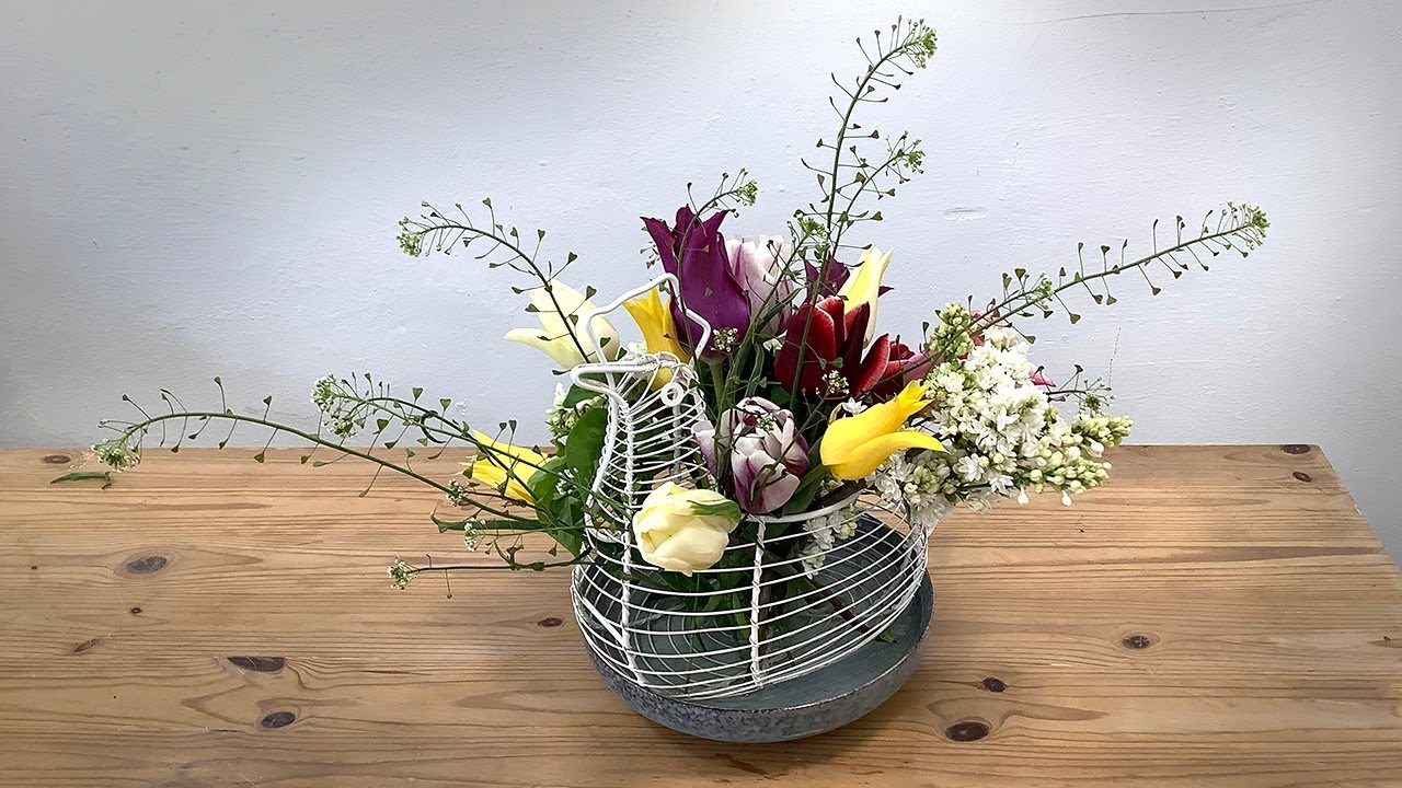 How To Make A Floral Spring Design With Wire Egg Basket - YouTube