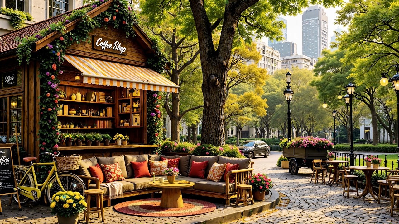 Peaceful Morning Jazz🌸🌿Outdoor Coffee Shop Ambience ~ Soft Jazz Music for Study & Work🌿