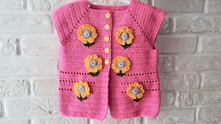 EN KOLAY çiçekli yelek modeli🌻.Tığ yelek YAPILIŞI🌻BEBEK YELEK🌻Making a floral vest model🌻pink vest