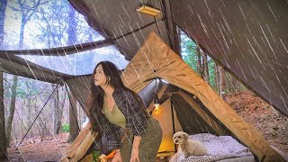 🌧Solo camping in a forest | small, cozy tent under a large tent | Roasted fish