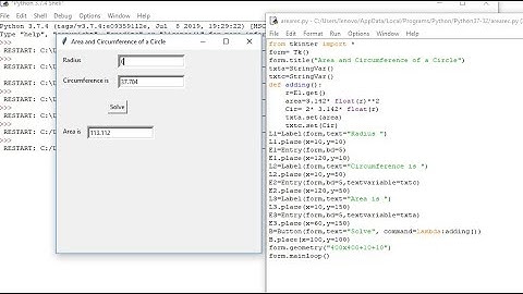 python Tkinker area and circumference of circle