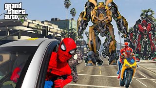 GTA 5 Siêu Nhân Người Nhện Spider Man Và Siêu Nhân Bắn Súng Bị Robot Transformers Khổng Lồ Tấn Công