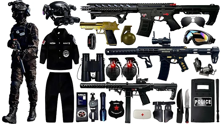 Unboxing military equipment toys, including AR15, MK1, TEC9, pistols, grenades and shields.