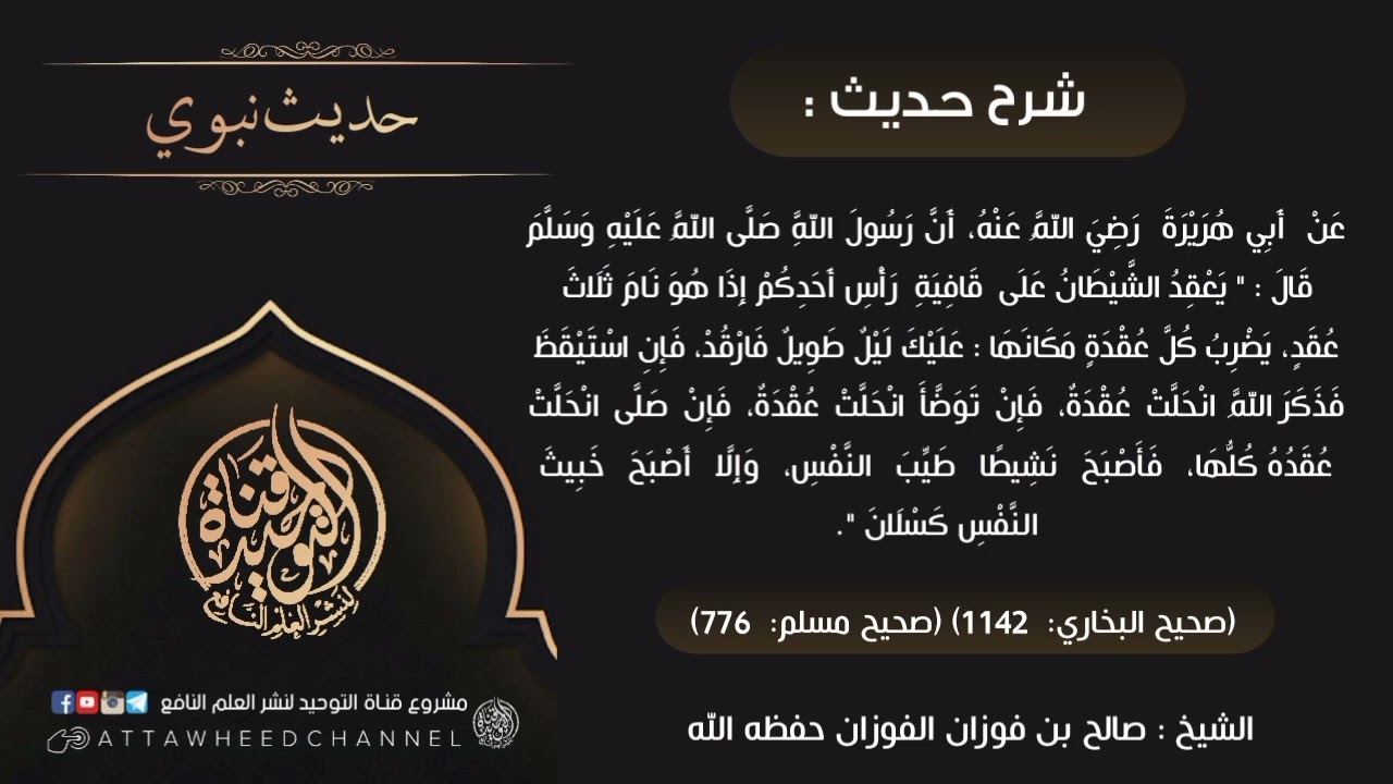 " يعقد الشيطان على قافية رأس أحدكم إذا هو نام ثلاث عقد يضرب على كل عقدة ..) صالح بن فوزان الفوزان
