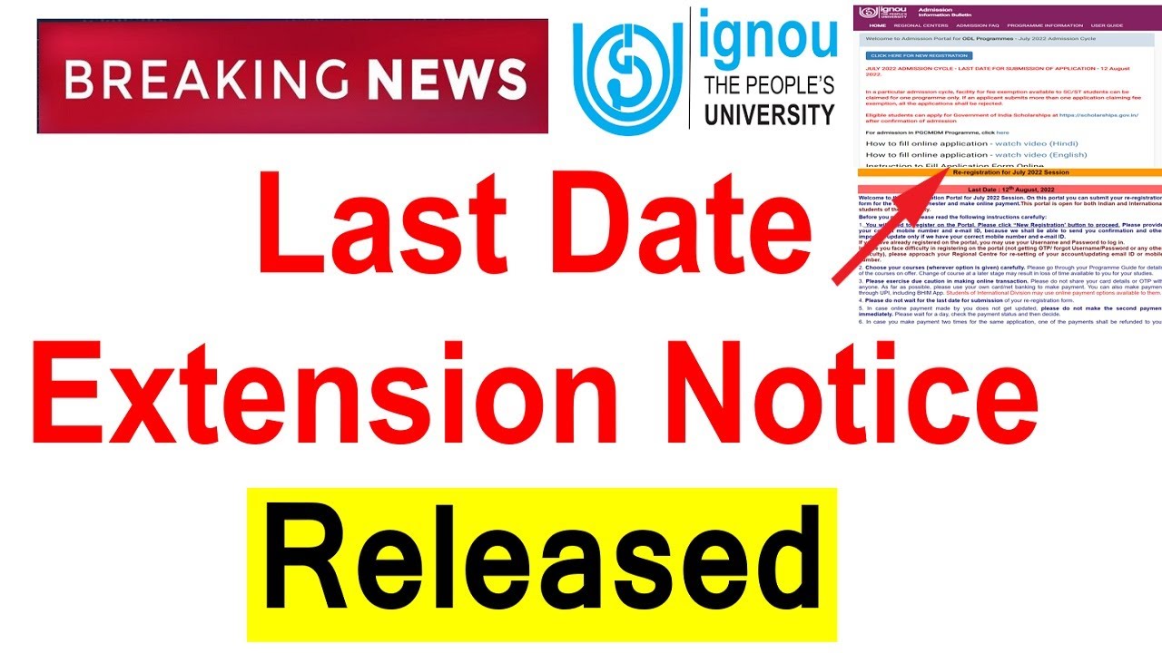 IGNOU Last Date Extension Notice For July 2022 Session New Admission ...
