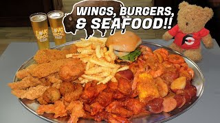 Buffalo Burger, Wings, & Shrimp Seafood Boil Challenge!!