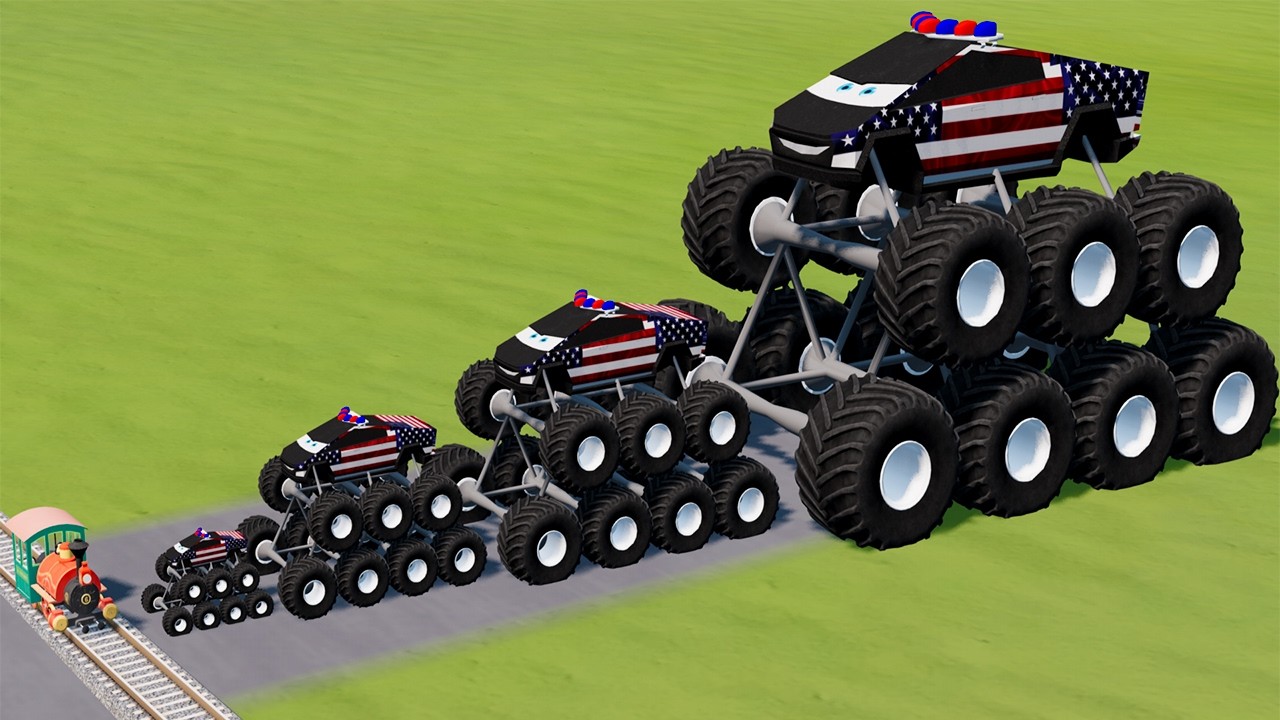 Big & Small USA Mega Monster Truck Tesla VS Train | BeamNG.drive