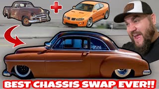 BEST CHASSIS SWAP EVER! 1950 CHEVY BODY  ON 2009 PONTIAC FRAME! WIDENING THE WHOLE CAR!