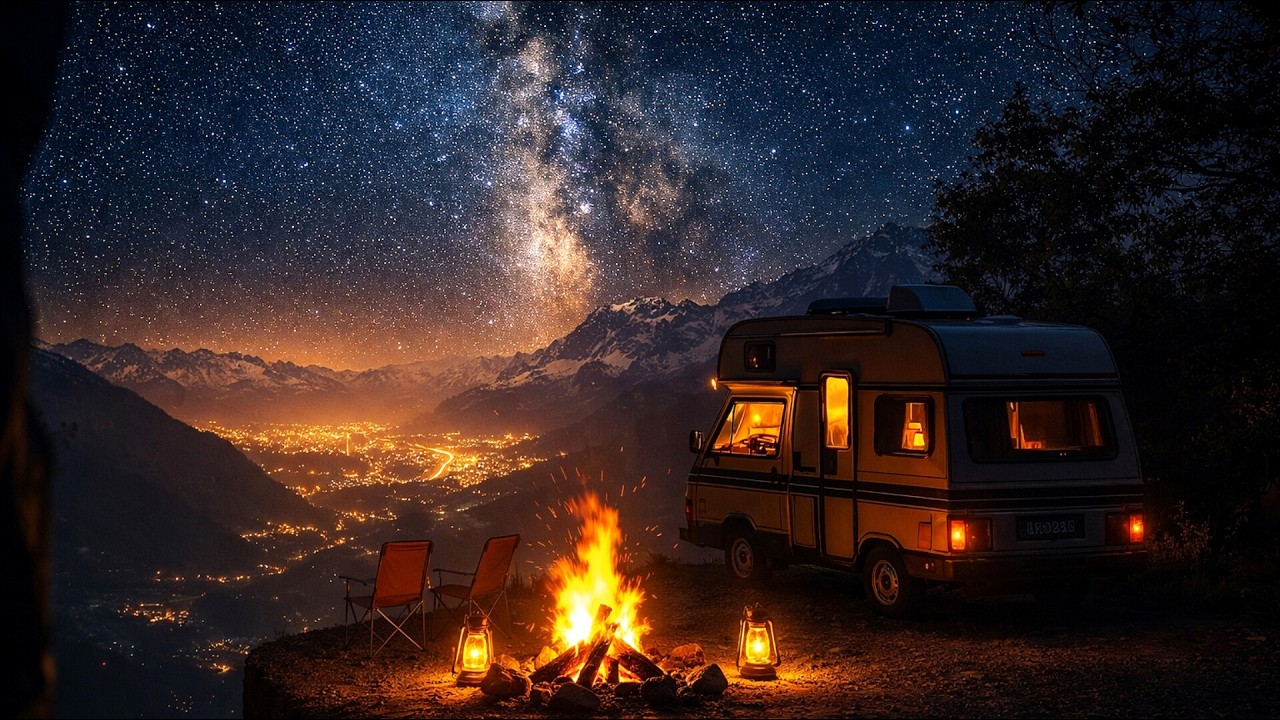 Mountain Top CAMPFIRE with Camper Van  , Stress Relief, Deep Sleep, Milkyway , Meditation - ASMR
