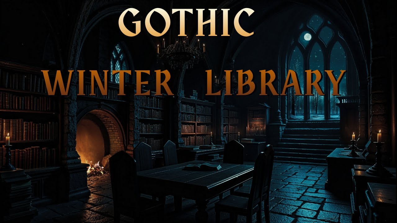 Gothic Winter Library at Night | Smooth Piano Fireplace Ambience