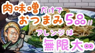 【大食い】肉味噌だけでおつまみ5品!!～肉味噌田楽/肉味噌豆腐/芋ピザ/野菜ディップ/もやしとニラの炒め物～