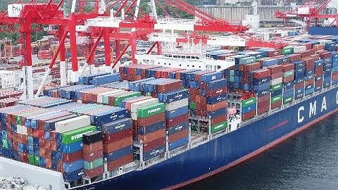 Aerial View w/Zoom - Ultra Large Container Ship CMA CGM BRAZIL Working Containers at PSA - Halifax