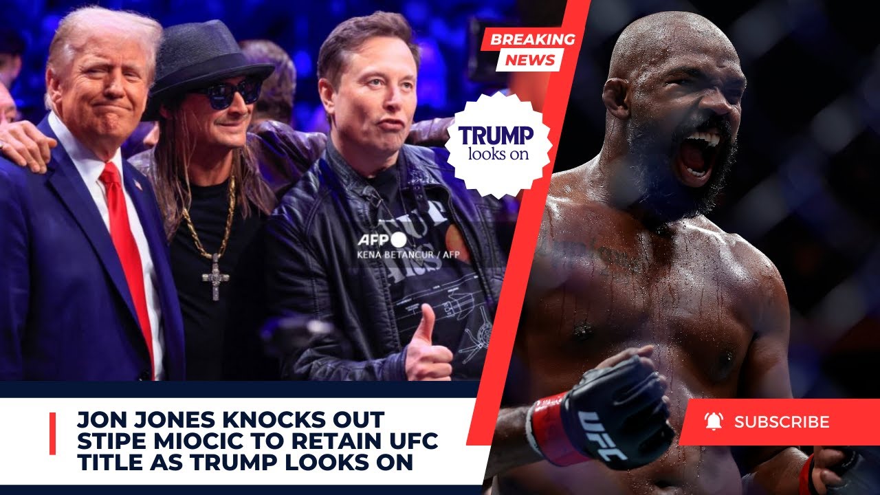 Jon Jones knocks out Stipe Miocic to retain UFC title as Trump looks on.