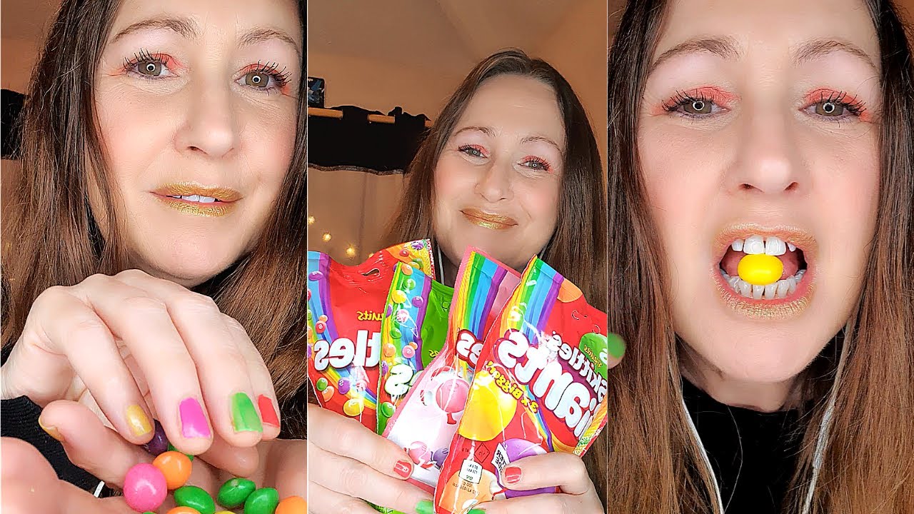 13 MINUTES OF ASMR CHEWING DIFFERENT SKITTLES MUKBANG EATING - YouTube