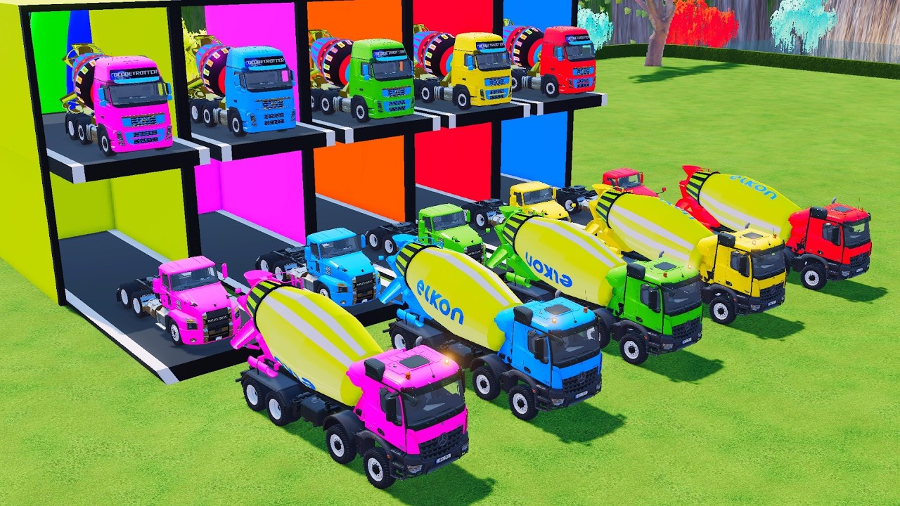 Garage with Colors - ALL MIXER TRUCK WITH DOUBLE FLATBED TRAILER TRUCK, SCANIA, KAMAZ, NISSAN