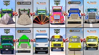 RAMP TRUCK VS TOW TRUCK VS ELECTRIC VS MINI SCHOOL BUS IN GTA 5 VS TEARDOWN VS BEAMNG-WHICH IS BEST?