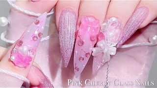 sub) Cherry Glass Nails!🍒🎀/🇰🇷Korean Nails / How to do Pleats Art / Nail art / Self-nails / ASMR