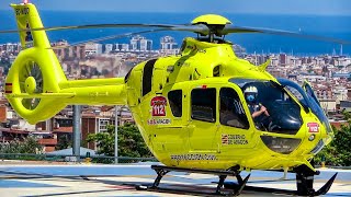 Helicóptero SOS Aragón 112 - H135 EC-MQO despegando del Hospital Vall d'Hebron de Barcelona