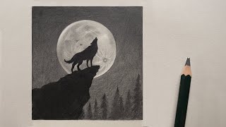 تعلم الرسم : كيف ترسم منظر طبيعي ليلي سهل جدا | قمر مكتمل وذئب واشجار