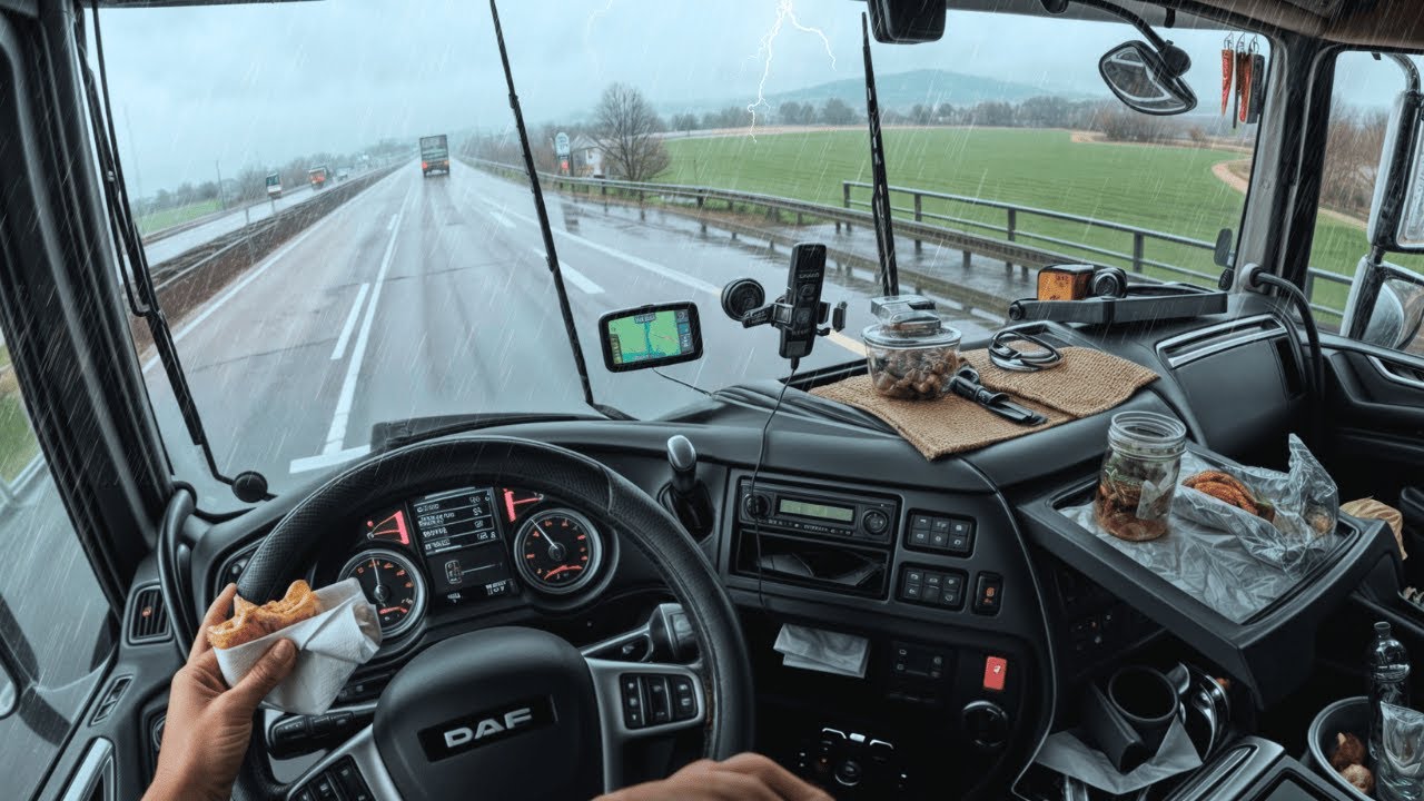 Очень голодный водитель грузовика ел, ведя на полной скорости под дождём.
