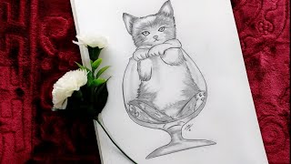 رسم قطة تجلس فى كأس سهل جدا || رسم بارصاص سهل جدا || easy pencil drawing