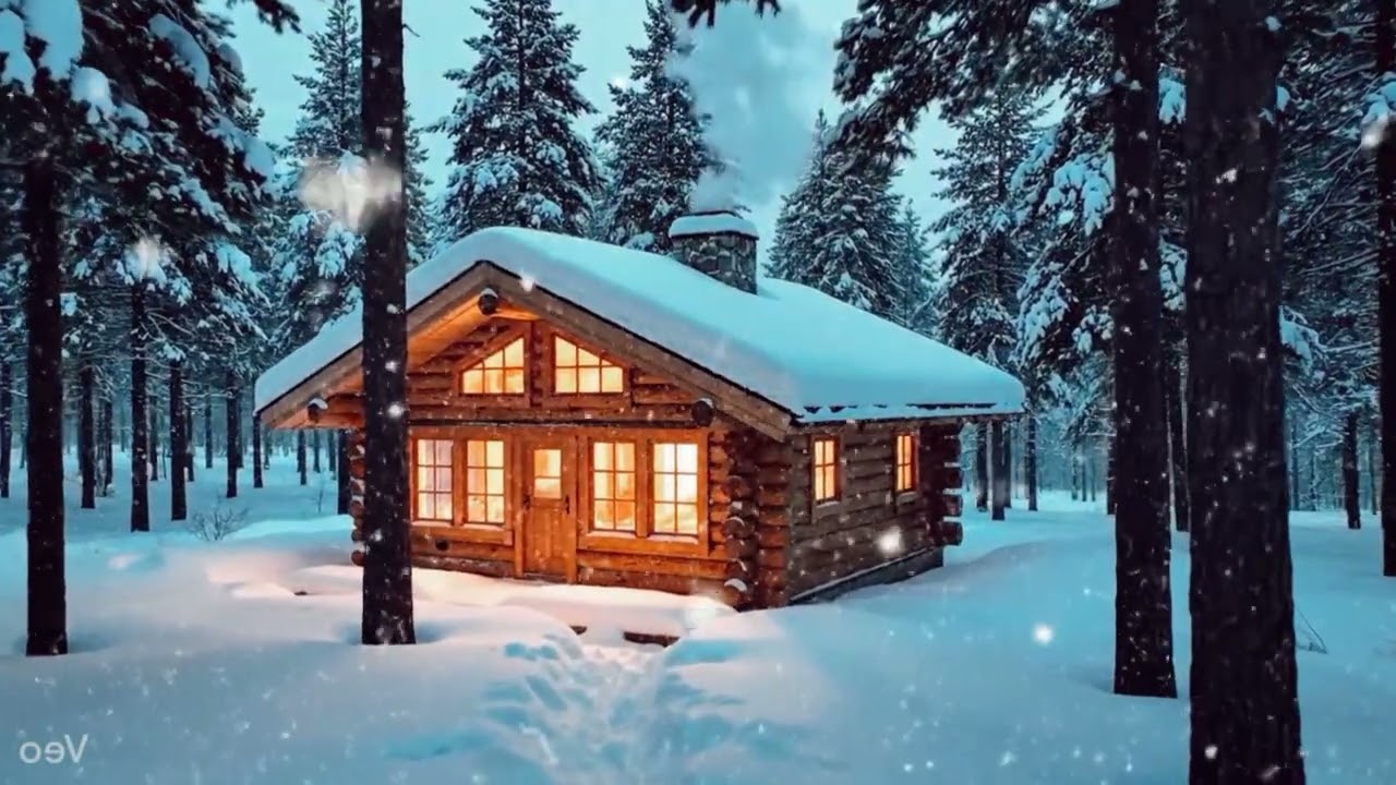Cozy Winter Cabin in a Snowing Forest ❄️ Relaxing Ambient Music & Snowfall Sounds 
