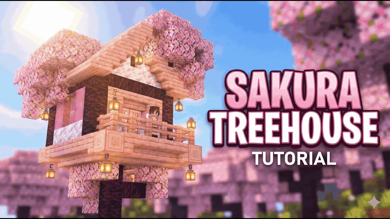 Minecraft Tutorial: How to Build a Sakura Tree House (Survival Base)