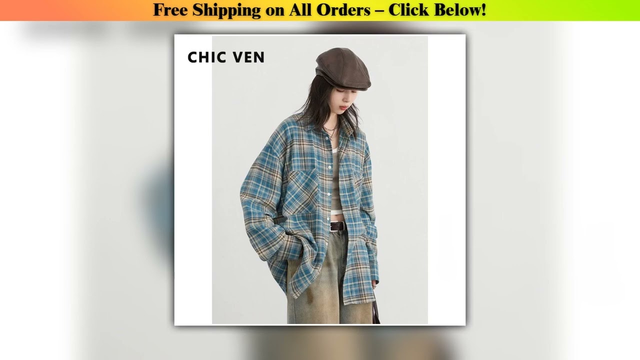 CHIC VEN Women's Cotton Shirt Single Breasted Loose New Retro Color Blocked Grid Female Blouses
