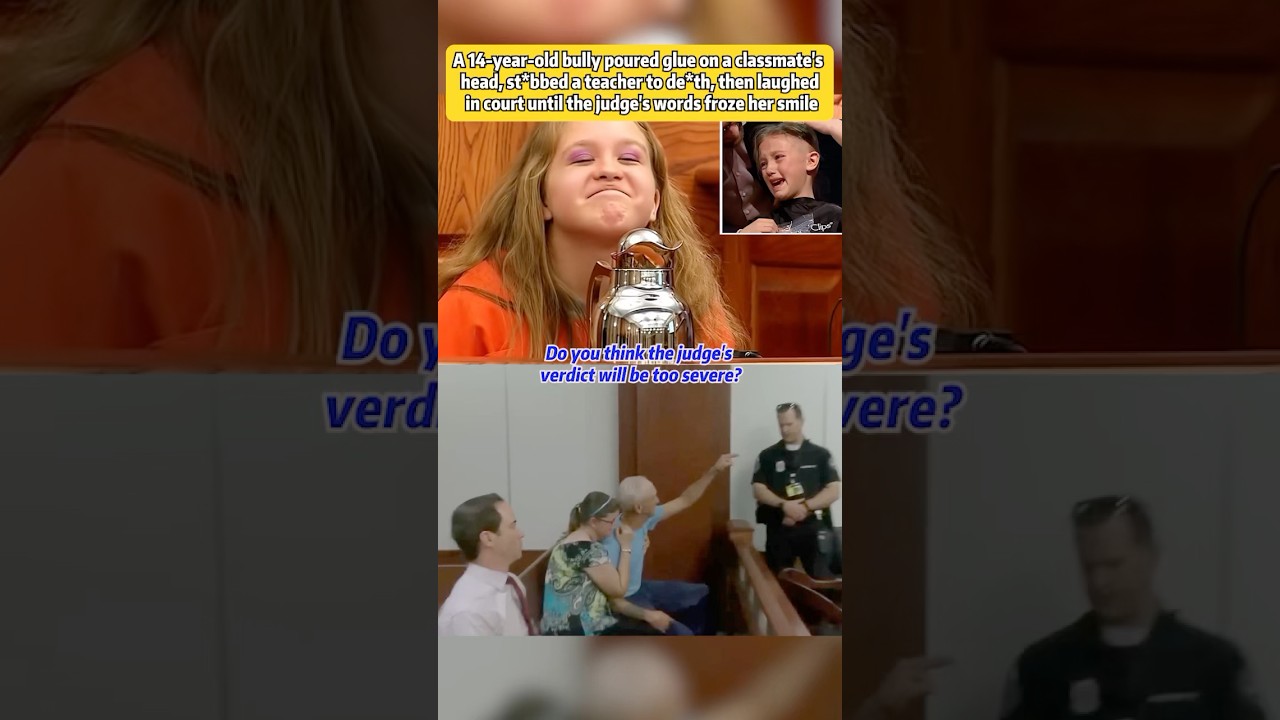 A14-year-old bully poured glue on a classmate'shead,stbbed a teacher to deth, then laughedin court