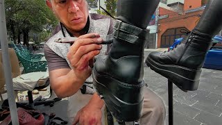 CHUNKY PLATFORM BOOTS! Street Shoe Shine by Francisco in Mexico City (ASMR SOUNDS)