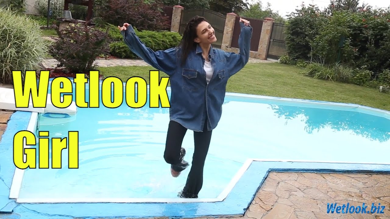 ⁣Wetlook girl gets wet in the pool | Wetlook jeans shirt | Wetlook pants