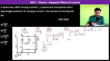 A square loop  ABCD  carrying a current  i , is placed near and coplanar with a long straight