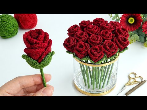 3D Crochet Rose with Leaves 🌿 Super Easy for Beginners!
