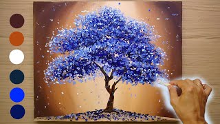 How to Paint Blue Tree whit Cotton Swabs/ Acrylic Painting on Canvas for Begnners