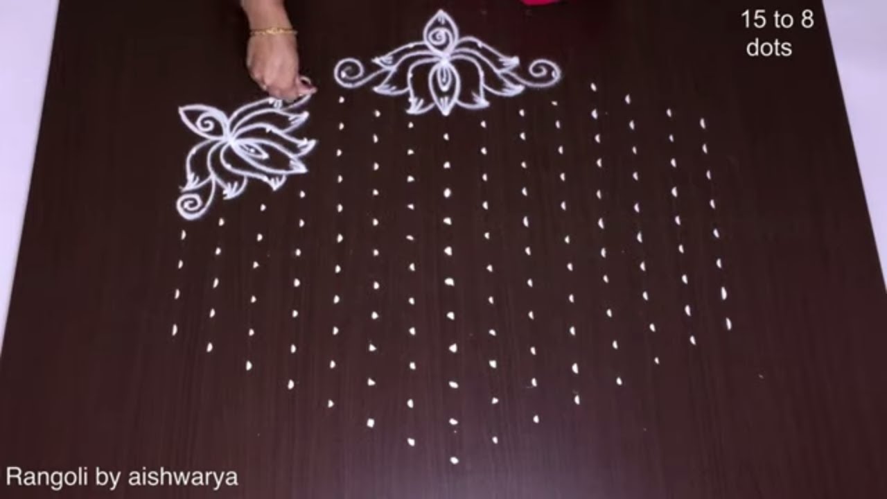 Stunning and interesting simple six lotus flower designs kolam | Muggula poti muggu 15x8 middle dots