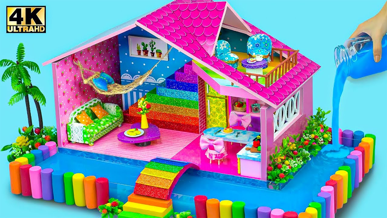 Design and Build Rainbow Swimming Pool Around Townhouse from Cardboard ❤️ DIY Miniature House