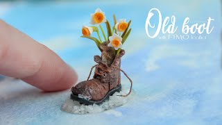 Miniature old boot with tiny mouse and narcissus with FIMO leather 🐭 Polymer clay tutorial