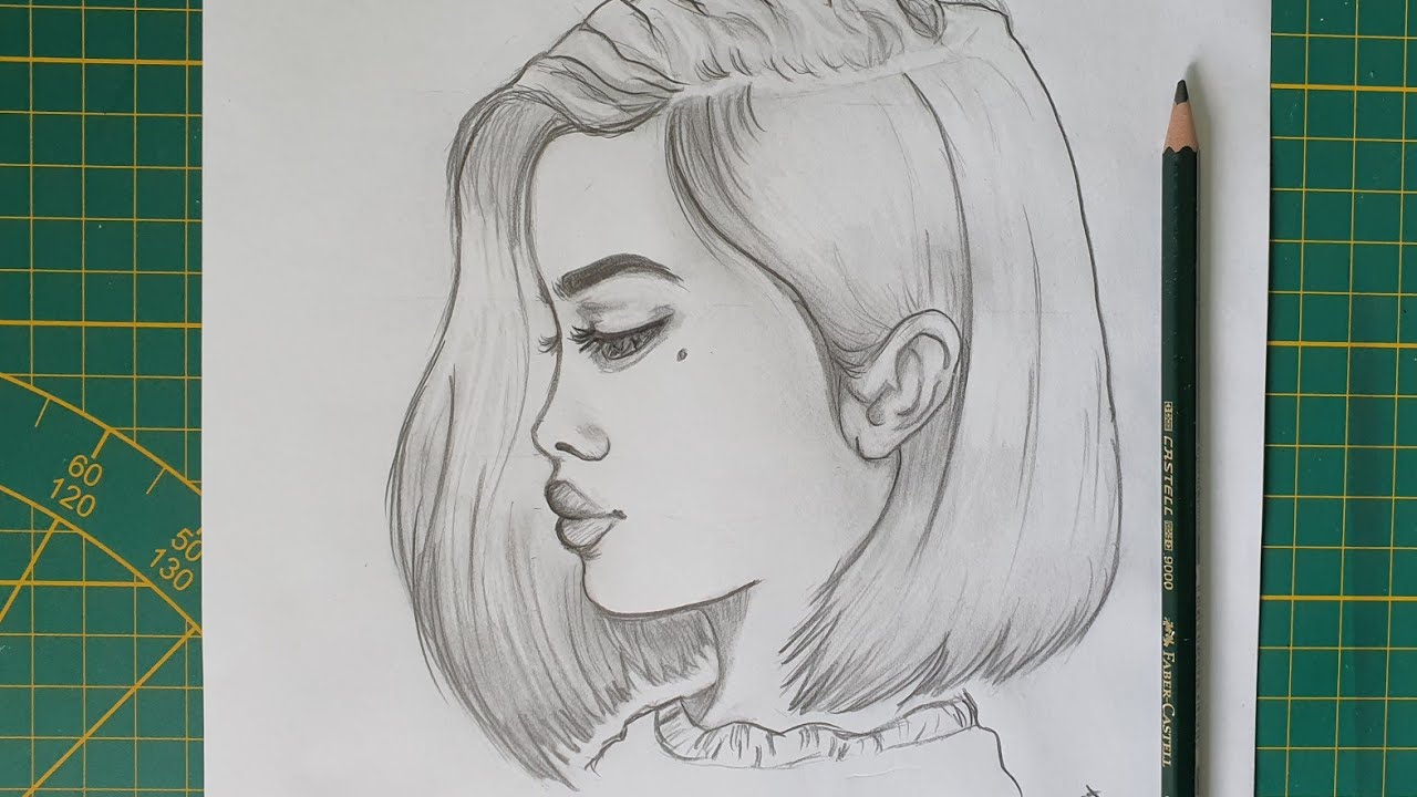 رسم فتاة كيوت من الجانب بقلم واحد فقط  drawing girl from side