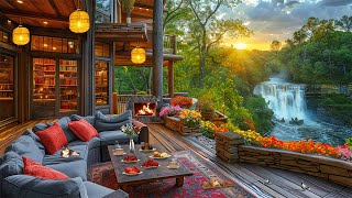 Cozy Coffee Porch Ambience Beside The Waterfall ☕ Relaxing Piano Jazz Music & Fireplace to Work